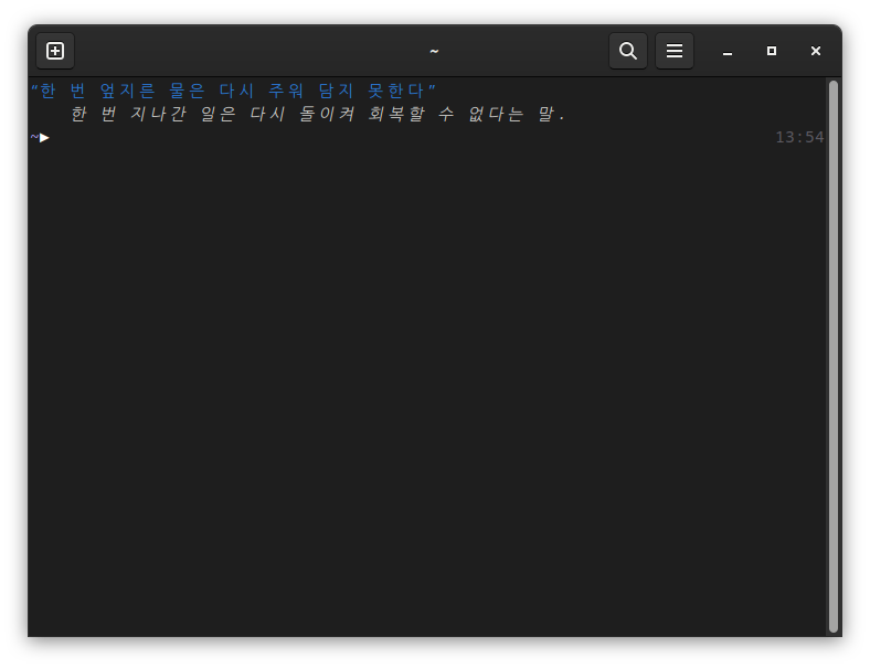 A screenshot of a fish prompt preceded by the output of the `fish_greeting.fish` script. The idiom is “한 번 엎지른 물은 다시 주워 담지 못한다” and its explanation is 한 번 지나간 일은 다시 돌이켜 회복할 수 없다는 말.
