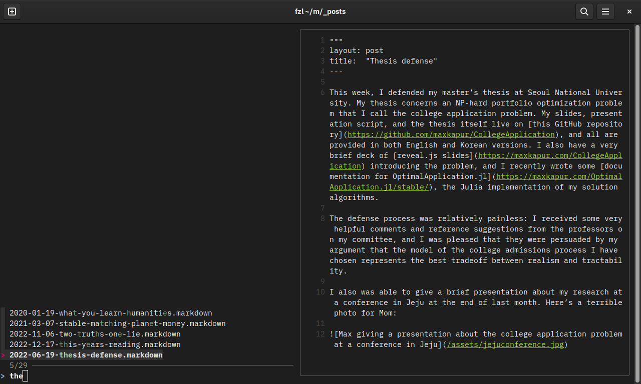 A screengrab of the terminal output produced by fzl.fish. It shows a list of filenames corresponding to posts on this blog; the post title "Thesis defense" is highlighted.